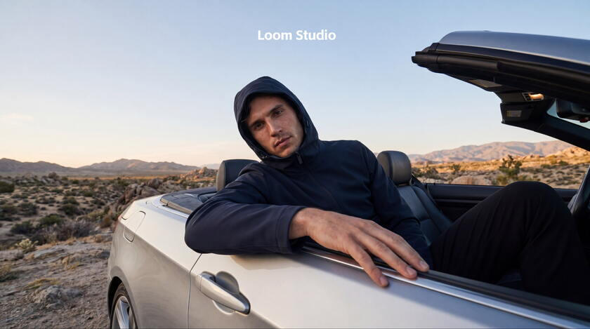 Mojave Mirage: Precision Tailoring and Cinematic Desert Light Fashion campaign imagery and video for brands produced by award winning designers, with AI — automotive editorial set, LOOM Studio