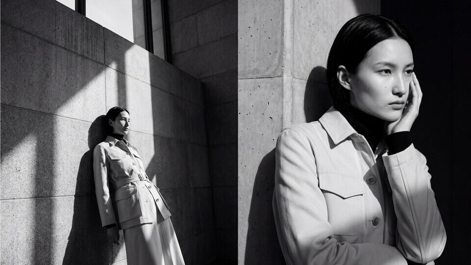 Concrete Echoes: Architectural Shadows and Neutral Tailoring Designer-led AI campaign production service for apparel brands — black-and-white editorial, LOOM Studio