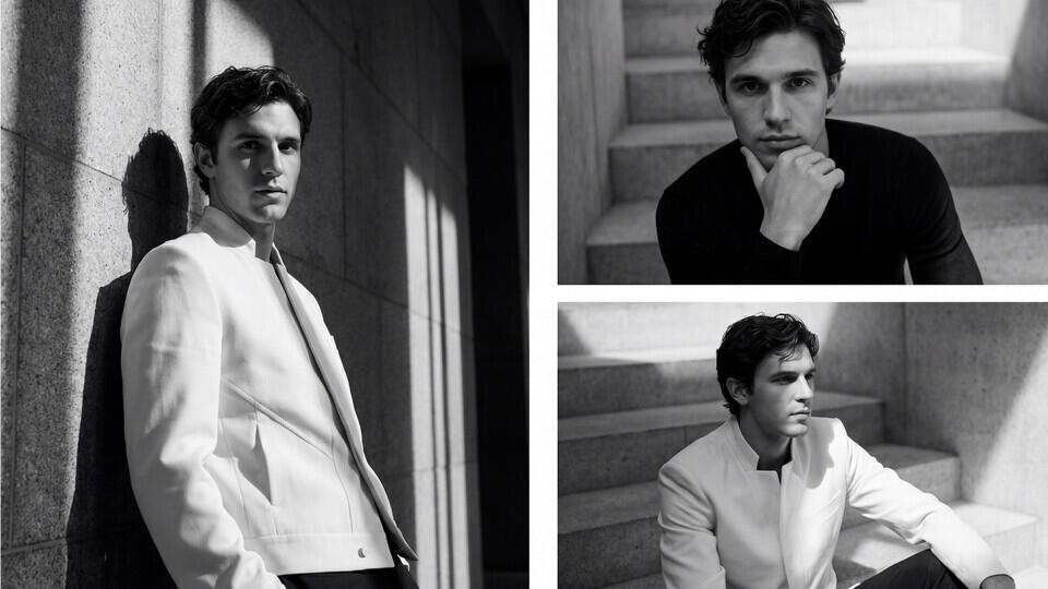 Stairwell Dialogue: Mandarine Collars and Monochromatic Contrast Menswear AI campaign and lookbook production by award winning designers for brands — tailoring editorial by LOOM Studio