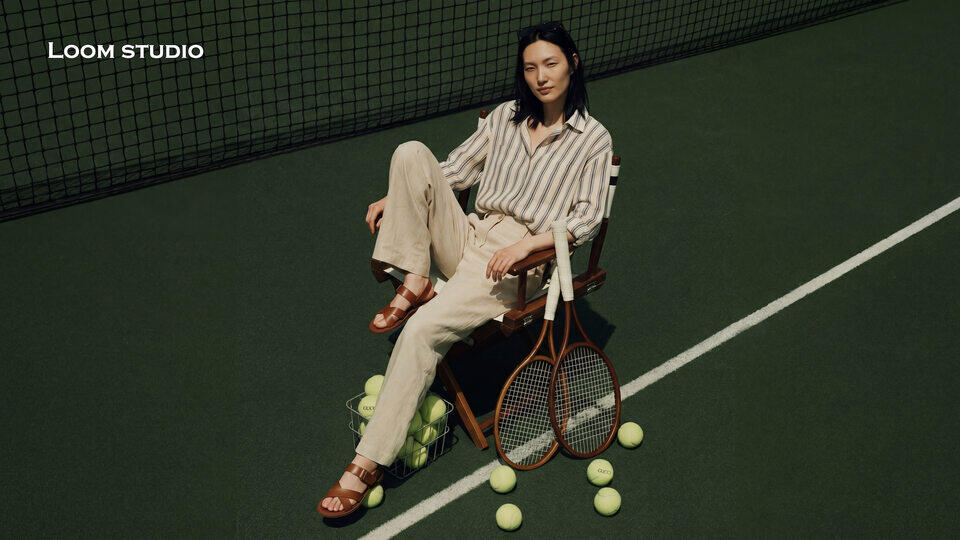 Courtside Leisure: The Linen and Stripe Edit AI generated lifestyle campaign production service for fashion brands, crafted by real designers — outdoor editorial by LOOM Studio